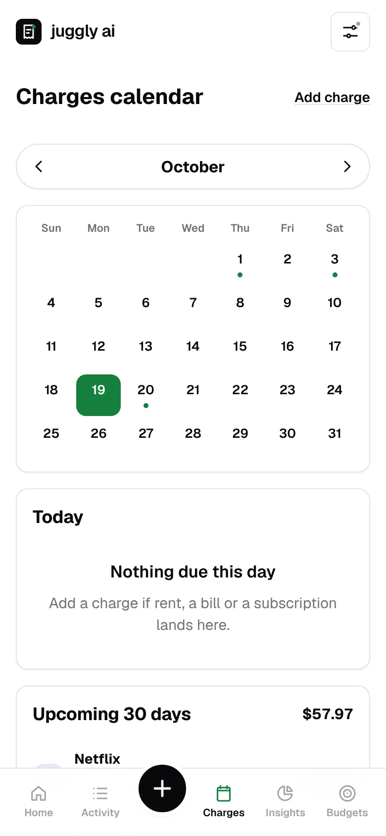 Juggly AI charges calendar
