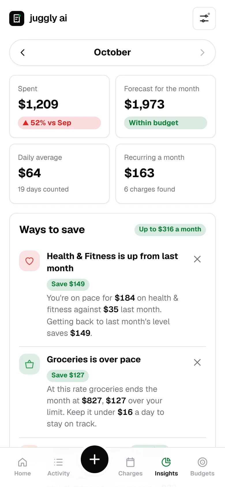 Juggly AI showing ways to save with amounts